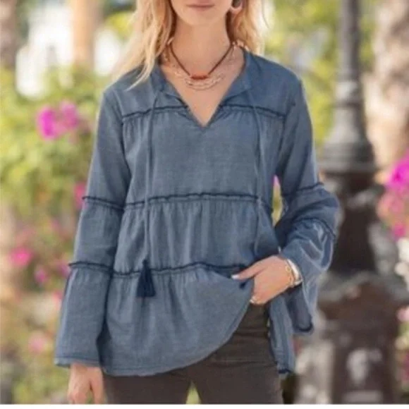 SUNDANCE Chambray Tiered Long Sleeve Tassel Top - Picture 1 of 9